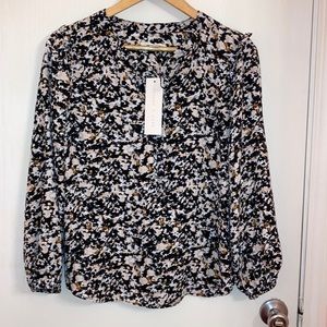 NWT cooper & Ella long sleeve blouse with black,white, brown, tan accents.